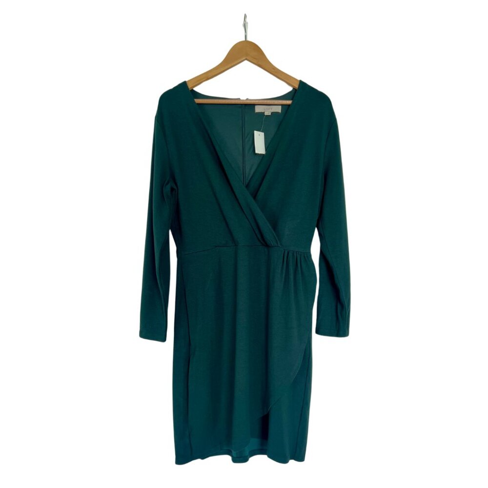 LOFT Forest Green Shirred Top Wrap Dress
